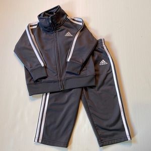 Adidas boys, gray and white striped track set.  Size 12 months